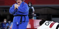 epaselect epa09379493 Iryna Kindzerska of Azerdbaidjan reacts after defeating Shiyan Xu of China during the Women +78 kg Contest for Bronze Medal A contest at the Judo events of the Tokyo 2020 Olympic Games at the Nippon Budokan arena in Tokyo, Japan, 30 July 2021.  EPA-EFE/RITCHIE B. TONGO