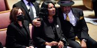 MEMPHIS, TN - FEBRUARY 01: US Vice President Kamala Harris sits with RowVaughn Wells and Rodney Wells during the funeral service for Wells' son Tyre Nichols at Mississippi Boulevard Christian Church on February 1, 2023 in Memphis, Tennessee. On January 7th, 29-year-old Nichols was violently beaten for three minutes by Memphis police officers at a traffic stop and died of his injuries. Five Black Memphis Police officers have been fired after an internal investigation found them to be directly responsible for the beating and have been charged with second-degree murder, aggravated assault, two charges of aggravated kidnapping, two charges of official misconduct and one charge of official oppression. (Photo by Andrew Nelles-Pool/Getty Images)