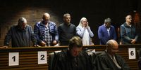 John Hume,Clive Melville,Izak du Toit,Catherina van Niekerk,Matheus Poggenpoel and Johannes Hennop appeared at the Pretoria Magistrate’s Court on charges of rhino horn trafficking on 19 August 2025. (Photo: Felix Dlangamandla)