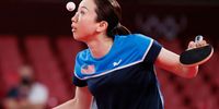 TOKYO, JAPAN - JULY 24: Liu Juan of Team USA in action during her Women's Singles first round match on day one of the Tokyo 2020 Olympic Games at Tokyo Metropolitan Gymnasium on July 24, 2021 in Tokyo, Japan. (Photo by Steph Chambers/Getty Images)