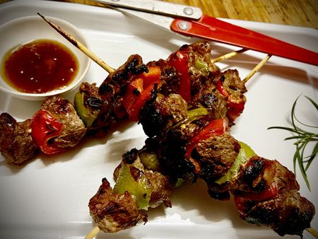 Sweet and sour pork and chilli pepper sosaties