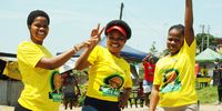 ANC supporters from left Amanda Shozi, Zinhle Mkhize  and Senzi Ngcobo at a voting station on 1 November 2021 in Bhambayi, north of Durban in KwaZulu-Natal. (Photo: Phumlani Thabethe)