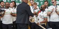 Minister of Sport, Arts and Culture Gayton McKenzie congratulates Proteas captain Temba Bavuma at OR Tambo International Airport. (Photo: OJ Koloti / Gallo Images)