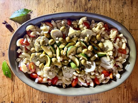 Salad Days: Artichoke, pickled baby gem & green olive pasta salad