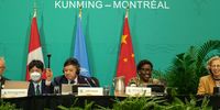 From Left: David Cooper, CBD Deputy Executive Secretary;  Minister of Ecology and Environment, China; Xia Yingxian, China; COP 15 President Huang Runqiu, Elizabeth Maruma Mrema, CBD Executive Secretary and Inger Andersen, Executive Director of the UN Environment Programme, as an article in the Kunming-Montreal Global Biodiversity Framework was adopted, final day of COP15, in Montreal, Canada, 19 December, 2022. (Photo: Julia Evans)