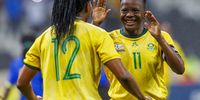 Banyana striker Thembi Kgatlana celebrates during the 2024 Paris Olympic Games qualifier match against Tanzania at Mbombela Stadium on 27 February. (Photo: Dirk Kotze / Gallo Images)