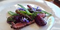 Chef Adél Hughes, from Oep ve Koep in Paternoster, collaborated with Loubie Rusch for a weekend workshop incorporating wild foods. Dishes included fire roasted beetroot carpaccio and seared blesbok loin (dune crowberry was used in the blesbok rub) served with pickled veldkool and fresh sea pumpkin leaves, as well as borage blossoms and fennel fronds. (Photo: Loubie Rusch)<br>