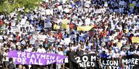 Treatment Action Campaign (TAC) supporters marching to hand over a memorandum to the then Deputy President Cyril Ramaphosa and the then UNAIDS Executive Director Michel Sidibe at the International AIDS Conference in Durban in 2016. (Photo: GCIS)