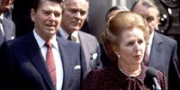 9th June 1982:  British prime minister Margaret Thatcher, American president Ronald Reagan (left) and US Secretary of State Alexander Haig (centre) outside Number 10, Downing Street during Reagan's state visit to London.  (Photo by Fox Photos/Getty Images)