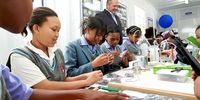 Pupils of Vlottenburg Primary School in Stellenbosch, Western Cape, test out the equipment in the maths and science laboratory donated by Ford South Africa, in partnership with Ford Philanthropy, Gift of the Givers Foundation, Maersk South Africa and the Department of Basic Education. (Photo: Supplied)