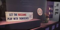 A sticker calling for a boycott of the 1980 Moscow Olympic Games is displayed at the exhibition 'Olympism, a world history' at the Palais de la Porte Doree in Paris, France, 24 April 2024. The exhibition retraces 130 years of social and political history since the creation of the modern Olympic Games in 1894 through the exploits of the greatest Olympic champions. The exhibition runs from 26 April to 08 September 2024.  EPA-EFE/TERESA SUAREZ