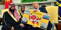  President Donald Trump (R) holds up a chart of military hardware sales as he meets with Crown Prince Mohammed bin Salman of the Kingdom of Saudi Arabia in the Oval Office at the White House on March 20, 2018 in Washington, D.C.  (Photo by Kevin Dietsch-Pool/Getty Images)