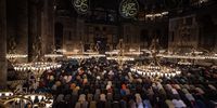 ISTANBUL, TURKEY - APRIL 01: People attend the Tarawih prayers inside the Hagia Sophia Grand Mosque ahead of the start of the holy month of Ramadan on April 01, 2022 in Istanbul, Turkey. "Tarawih" prayers (evening prayers during the holy month of Ramadan), are returning to Istanbul's Hagia Sophia mosque for the first time in 88 years. (Photo by Burak Kara/Getty Images)