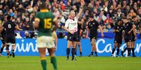 Referee Wayne Barnes shows a red card to New Zealand's Sam Cane following a review during the Rugby World Cup 2023 final match at the Stade de France in Paris, France. Picture date: Saturday October 28, 2023. (Photo: Mike Egerton\PA Wire/PA Images)