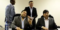 Alleged state capture kingpins Ajay and Atul Gupta (front), with former president Jacob Zuma's son, Duduzane Zuma (back left) and Jagdish Parekh speak to the City Press from the New Age Newspaper's offices in Midrand, Johannesburg, South Africa on 4 March 2011. (Photo: Gallo Images / City Press / Muntu Vilakazi)