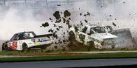 HAMPTON, GA - FEBRUARY 23:  Chad Finley, driver of the #42 AutoValueCrtfdSrvcCntrs/AirLftCmpny Chevrolet, crashes during the NASCAR Gander Outdoors Truck Series Ultimate Tailgating 200 at Atlanta Motor Speedway on February 23, 2019 in Hampton, Georgia.  (Photo by Brian Lawdermilk/Getty Images)
