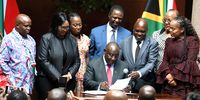 President Cyril Ramaphosa and delegates at the public signing into law of the National Health Insurance Bill at the Union Buildings in Pretoria on 15 May 2024. (Photo: Gallo Images / Frennie Shivambu)