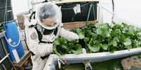 HANKSVILLE, UT - JUNE 16: Veronica Ann Zabala-Aliberto from Arizona State University inspect plants that are growing in a greenhouse outside the Mars Desert Research Station Thursday June 16, 2005, several miles northwest of Hanksville, Utah.  The greenhouse is testing a closed system that recycles waste and water from the station to grow the plants that may be used on a station on Mars. The research station based in the Utah desert is sponsored by the Mars Society and is used for scientific research and practice for a maned mission to Mars in the future.  There are several groups a year that man the station one to two weeks at a time. (Photo by George Frey/Getty Images)