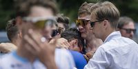(from R) Raphael Meyer, CEO of Tudor Pro Cycling team, Stefan Kueng from Switzerland of Groupama-FDJ, and Silvan Dillier from Switzerland of Alpecin-Deceuninck, mourn as they learn about the passing away of Gino Maeder from Switzerland following a crash during the 86th Tour de Suisse UCI World Tour cycling race, 16 June 2023 in Chur, Switzerland. Gino Maeder of team Bahrain Victorious crashed during descent from the Albula pass in the 5th stage of the tour on 15 June. He had to be reanimated on site and rushed to hospital in Chur via helicopter. His team confirmed on 16 June that he died of his injuries.  EPA-EFE/GIAN EHRENZELLER