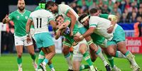 Garry Ringrose of Ireland is tackled by the Boks during the Rugby World Cup 2023 pool match at Stade de France in Paris on 23 September 2023. (Photo: Christian Liewig- Corbis / Getty Images)