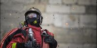 Fireman at Notre-Dame. Production still from 'Notre-Dame On Fire'. Image: courtesy of Universal Studios