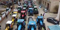 An aerial picture taken with a drone show Polish farmers blocking a street during their protest in Szczecin, northwest Poland, 03 April 2023. Polish farmers have been protesting against what they call a flood of Ukrainian grain, which, they say, has depressed domestic grain prices.  EPA-EFE/Marcin Bielecki POLAND OUT