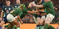 Garry Ringrose of Ireland is tackled by Kurt-Lee Arendse, Cheslin Kolbe and Steven Kitshoff of South Africa during the 2022 Castle Lager Outgoing Tour match at Aviva Stadium on 5 November, 2022 in Dublin, Ireland. (Photo: Brendan Moran/Sportsfile/Gallo Images)