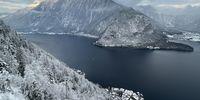Hallstatt, Austria: from the salt mine mountain viewing deck overlooking the town below. 17 December 2022. Photographer:  Marc Latilla