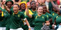 Springbok Women players including Byrhandre Dolf (left) and Micke Günter (right) celebrate after South Africa beat Italy in the Women’s Rugby World Cup 2025 Pool D match at York Community Stadium, England, on 31 August 2025. (Photo: Stu Forster / Getty Images)<br>