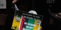 African National Congress (ANC) staff picket outside Albert Luthuli House on September 06, 2021 in Johannesburg, South Africa. The group protested unfair labour practices. (Photo by Gallo Images/Sharon Seretlo)