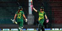 South Africa's Suné Luus shows her bat as she celebrates 100 runs during the 1st ODI cricket match between Pakistan Women and South Africa Women, in Karachi, Pakistan, 08 September 2023.  EPA/REHAN KHAN