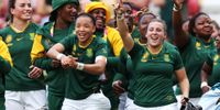 South Africa players including Byrhandre Dolf (left) and Micke Gunter (right) celebrate victory after beating Italy to secure a spot in the Women's Rugby World Cup 2025 quarterfinals. (Photo: Stu Forster / Getty Images)