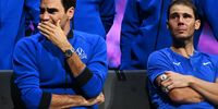 epa10202789 Team Europe player Roger Federer (L) of Switzerland sitting next to doubles partner Rafael Nadal of Spain after losing their match against Team World double Jack Sock of the US and Frances Tiafoe of the US on the first day of the Laver Cup tennis tournament in London, Britain, 23 September 2022. The match was Federer's last game before retirement.  EPA-EFE/ANDY RAIN