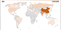 The total number of annual deaths from human-derived fine particulate matter and ozone pollution in G20 countries, where darker colours reflect a greater number of annual deaths. (Credit: AGU)