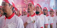 Inmates convicted of terrorism-related charges and detained at the Gunung Sindur Prison take part in a ceremony pledging their loyalty to the Republic of Indonesia, in Bogor, West Java, Indonesia, 01 June 2023, as they serve their sentences following a de-radicalization program. At least 76 inmates took part in the event on the occasion of Pancasila day, which is celebrated annually on 01 June to mark the birth of the Pancasila, Indonesia's official state philosophy consisting of five principles.  EPA-EFE/BAGUS INDAHONO