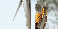 A wind turbine collapses after its control generator caught fire in the town of Kondrup, north of Randers, Denmark, 11 October 2023.  EPA-EFE/Bo Amstrup  