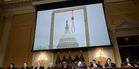 An image of a noose and gallows is displayed during the final meeting of the House Select Committee to Investigate the January 6 Attack on the U.S. Capitol, in the Canon House Office Building on Capitol Hill on December 19, 2022 in Washington, DC. The committee is expected to approve its final report and vote on referring charges to the Justice Department. (Photo by Chip Somodevilla/Getty Images)