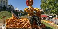 A figure shaped with pumpkins on display in the pumpkin exhibition at the Baroque Palace in Ludwigsburg, Germany, 18 September 2019. The pumpkin exhibit at the Bluehendes Baroque (Baroque in Bloom) gardens runs from 30 August to 03 November 2019 under the theme 'Fabulous fairytale worlds'.  EPA-EFE/RONALD WITTEK