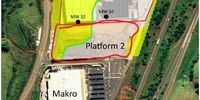 The position of the new South Platform warehouse (red line) showing its proximity to Makro and the gutted UPL storehouse. The yellow areas depict loosely packed soils from cut and fill operations. (Source: Copperleaf Consulting)