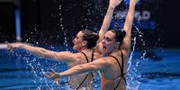 Jess Hayes-Hill and Laura Strugnell of Team South Africa compete in the Artistic Swimming Women's Duet Technical Preliminaries on day one of the Fukuoka 2023 World Aquatics Championships at Marine Messe Fukuoka Hall A on July 14, 2023 in Fukuoka, Japan. (Photo by Quinn Rooney/Getty Images)