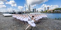 Ballerinas pose as swans by Rotterdam?s Erasmus Bridge