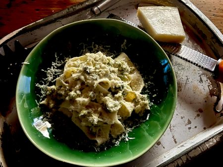 Pappardelle pasta with broccoli and peas