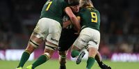 All Black lock Scott Barrett is the meat in a Springbok sandwich courtesy of Pieter-Steph du Toit and Faf de Klerk. (Photo: Julian Finney/Getty Images)