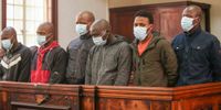 The six men accused of the assassinaton of Gauteng health department official and corruption whistle-blower Babita Deokaran appear at the Johannesburg Magistrates’ Court for a bail application on 9 December 2021. (Photo: Gallo Images/Papi Morake)