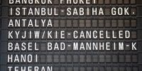 epa09784009 Flights to Kiev are canceled as shown on a display board at Frankfurt International Airport in Frankfurt am Main, Germany, 25 February 2022.  EPA-EFE/CONSTANTN ZINN
