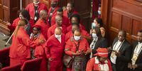 CAPE TOWN, SOUTH AFRICA - FEBRUARY 10: Members of the EFF arrive in the National Assembly singing and dancing at State of The Nation Address at Cape Town City Hall on February 10, 2022 in Cape Town, South Africa. The State of the Nation Address  is an annual event in the Republic of South Africa, in which the President of South Africa reports on the status of the nation, normally to the resumption of a joint sitting of Parliament. (Photo by Gallo Images/Pool/Jaco Marais)