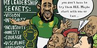 2023, a cartoon about Siya Kolisi conducting a lesson on leadership. (Cartoon: Carlos Amato)