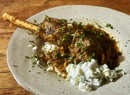 Springbok shank curry with cucumber raita