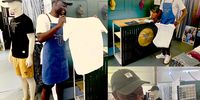 Thokozani Shezi of Nguni Apparel, a lifestyle brand ‘with an eco-conscience’, demonstrates (bottom right) how his name is ‘spelt 12345’ when a calculator is turned upside down. (Photos and composite image: Tony Jackman)<br>