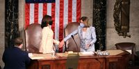 WASHINGTON, DC - APRIL 28: Vice President Kamala Harris and Speaker of the House Nancy Pelosi (D-CA) greet each other before U.S. President Joe Biden addresses a joint session of congress in the House chamber of the U.S. Capitol April 28, 2021 in Washington, DC. On the eve of his 100th day in office, Biden spoke about his plan to revive America’s economy and health as it continues to recover from a devastating pandemic. He delivered his speech before 200 invited lawmakers and other government officials instead of the normal 1600 guests because of the ongoing COVID-19 pandemic. (Photo by Chip Somodevilla/Getty Images)